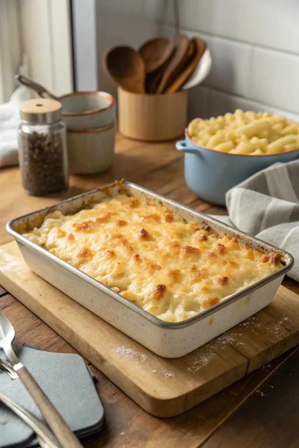 Homemade baked popeyes mac and cheese​ with golden crust fresh out of the oven on a wooden kitchen counter.