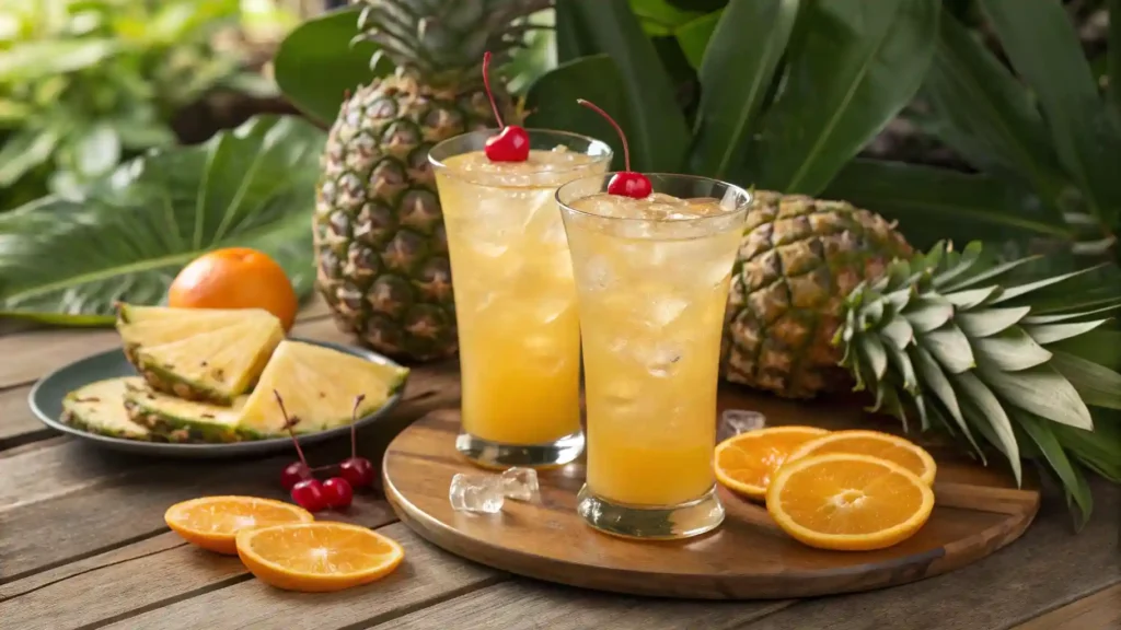 Tropical setup with Ron Ron Juice cocktails garnished with fruits, served on a wooden table with tropical leaves