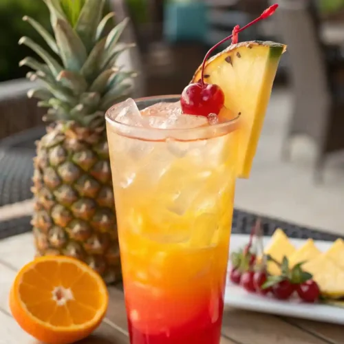 Ron Ron Juice Recipe cocktail with pineapple and cherry garnish, served in a tall glass with vibrant tropical colors