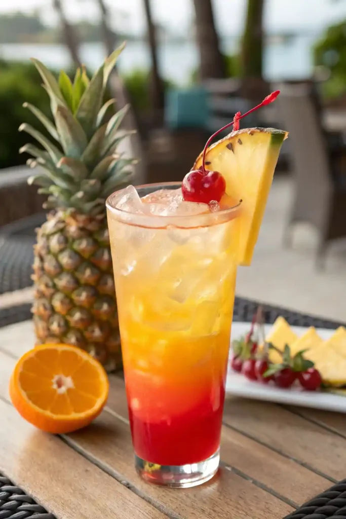 Ron Ron Juice Recipe cocktail with pineapple and cherry garnish, served in a tall glass with vibrant tropical colors