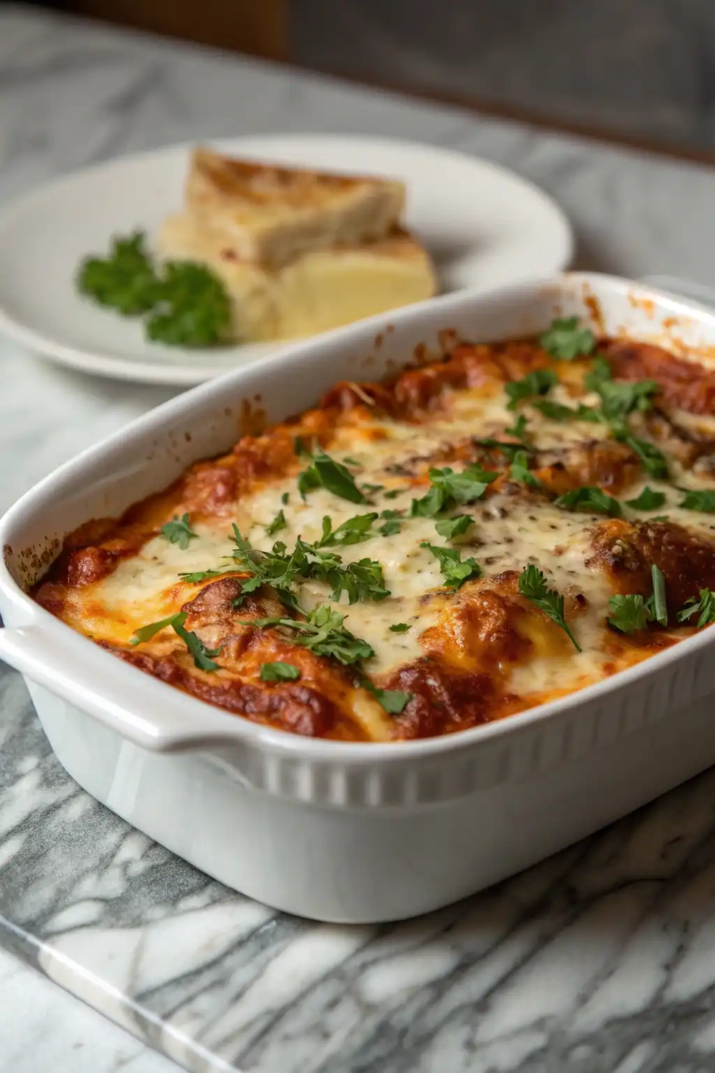 "Golden, bubbly Ronzoni Lasagna Recipe with rich tomato sauce and creamy ricotta, topped with fresh parsley, in a white ceramic dish.