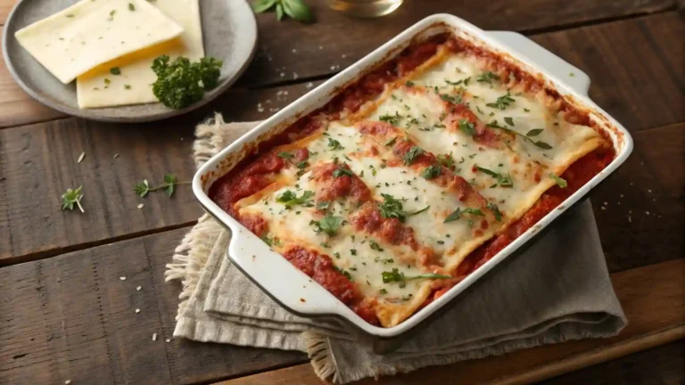 Overhead view of homemade lasagna with visible layers of ricotta, marinara sauce, and fresh herbs on a rustic wooden table.
