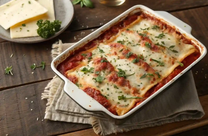 Overhead view of homemade lasagna with visible layers of ricotta, marinara sauce, and fresh herbs on a rustic wooden table.