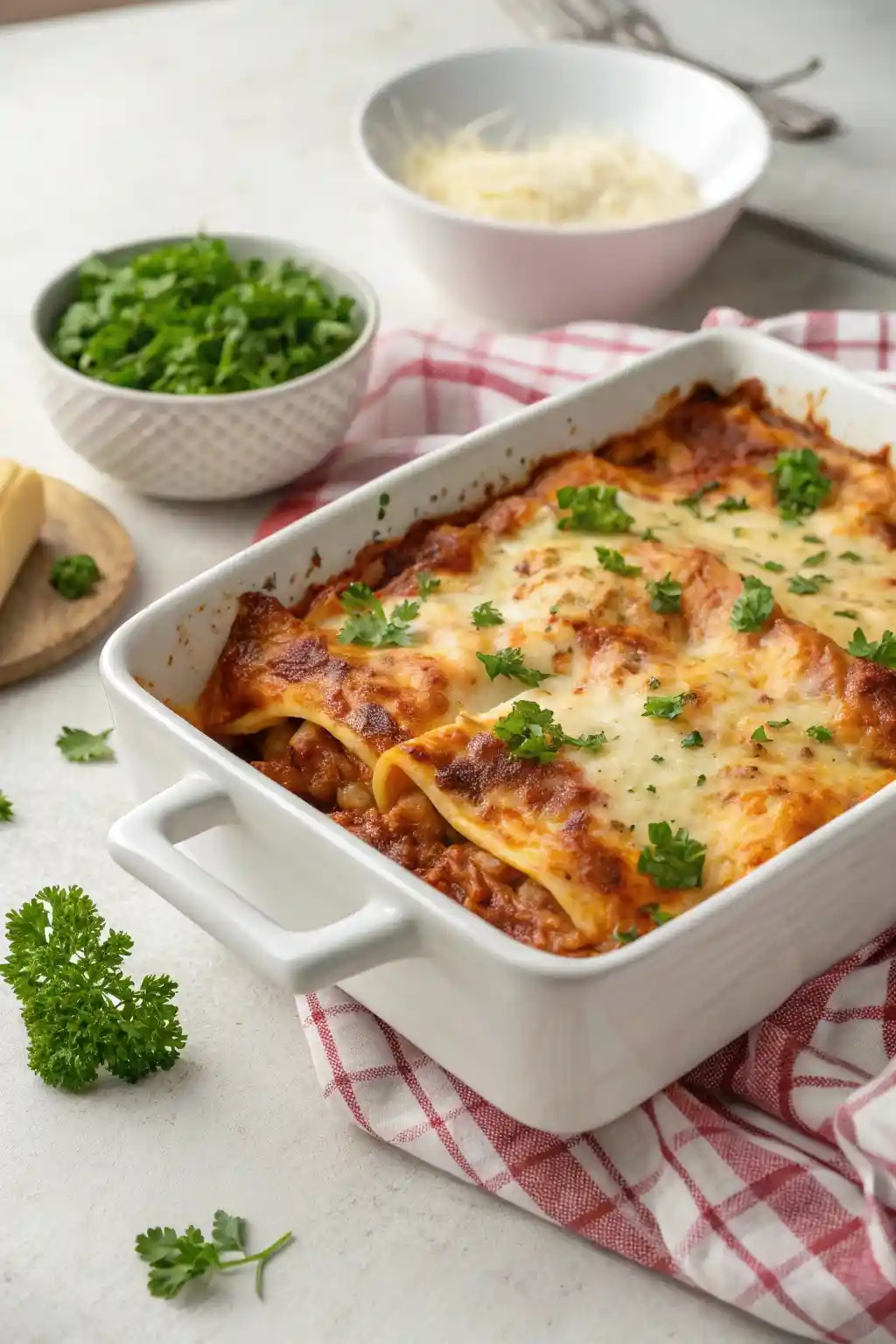 A close-up of freshly baked lasagna in a white dish with golden cheese, San Giorgio noodles, and meat sauce, garnished with parsley.