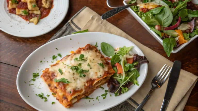 A plate of San Giorgio Lasagna Recipe with a side salad on a dining table.