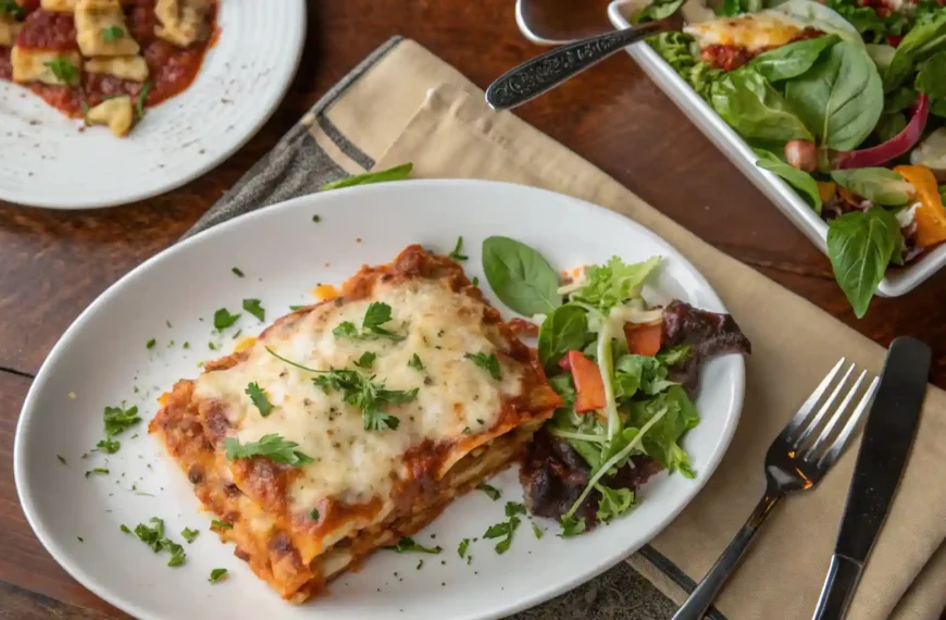 A plate of San Giorgio Lasagna Recipe with a side salad on a dining table.