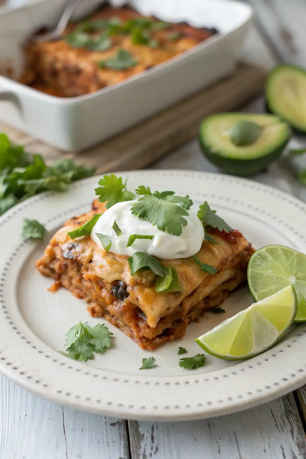 A serving ofSlow Cooker Enchilada Casserole topped with avocado, sour cream, and cilantro on a white plate