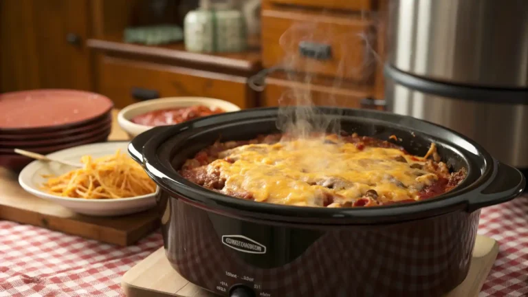 Slow cooker enchilada casserole in a crockpot with melted cheese and fresh cilantro on top