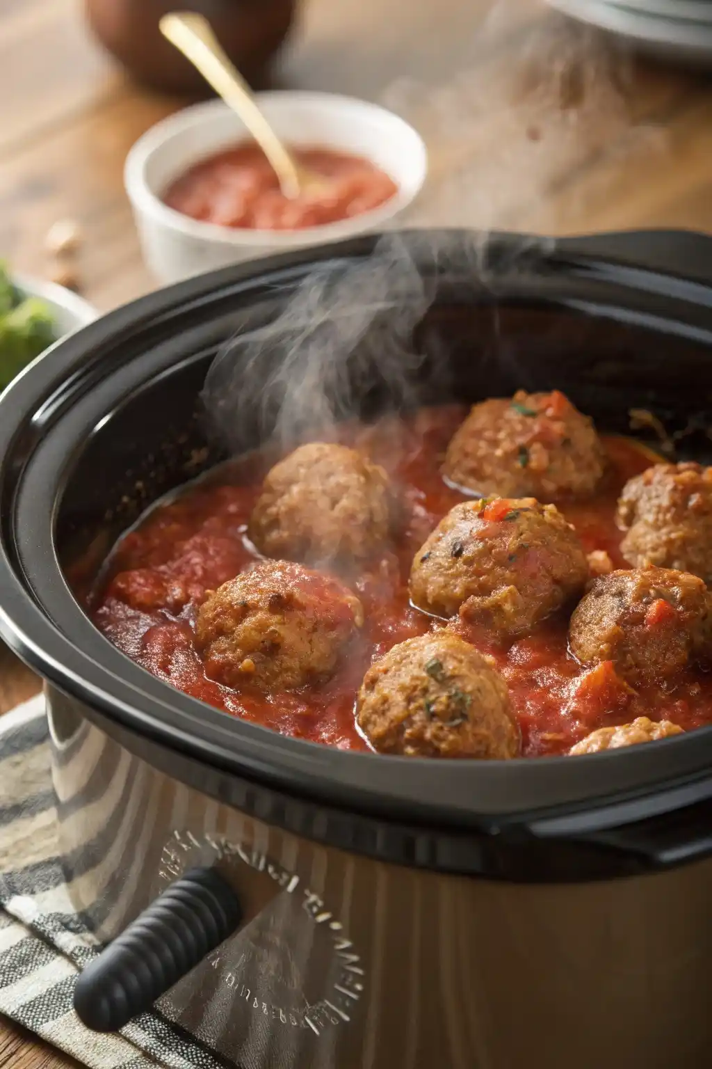 A close-up shot of a slow cooker filled with frozen Italian meatballs, covered in marinara sauce, with steam rising from the pot.