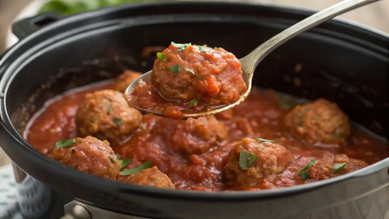 A close-up of a spoon scooping Italian meatballs from a slow cooker, with marinara sauce glistening around the meatballs.