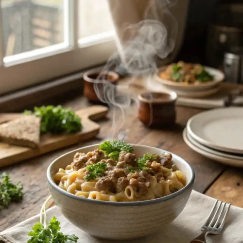Bowl of homemade slow cooker hamburger helper with parsley garnish on a rustic kitchen table