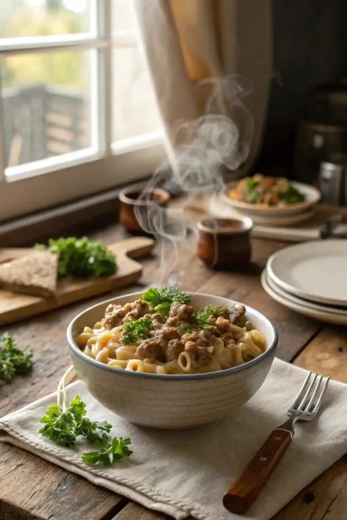 Bowl of homemade slow cooker hamburger helper with parsley garnish on a rustic kitchen table