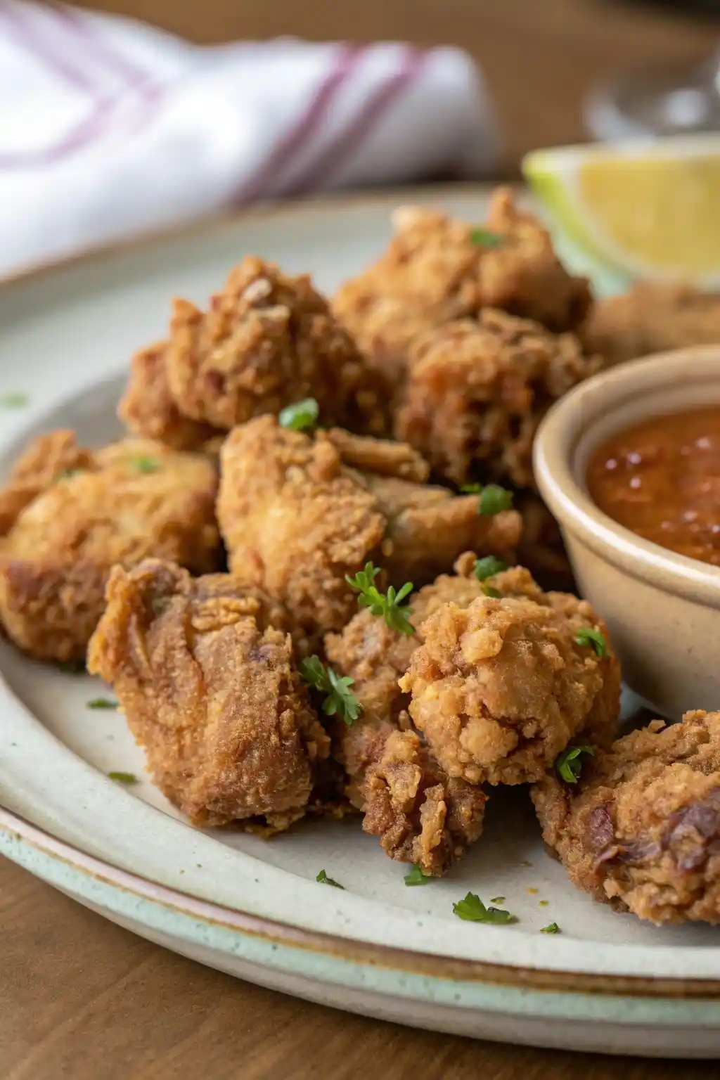 Golden crispy Southern fried chicken livers recipe served with dipping sauce.