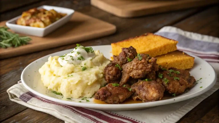 Southern fried chicken livers served with mashed potatoes and cornbread.