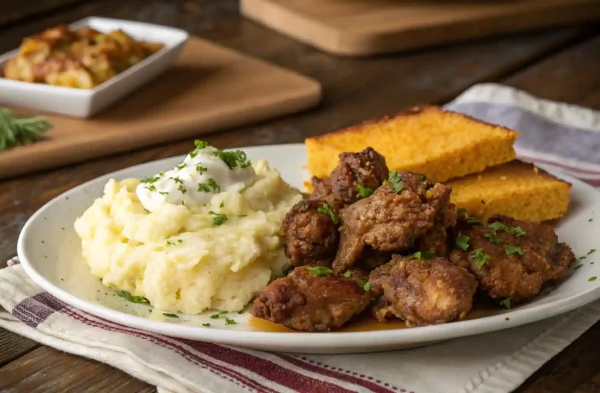 Southern fried chicken livers served with mashed potatoes and cornbread.