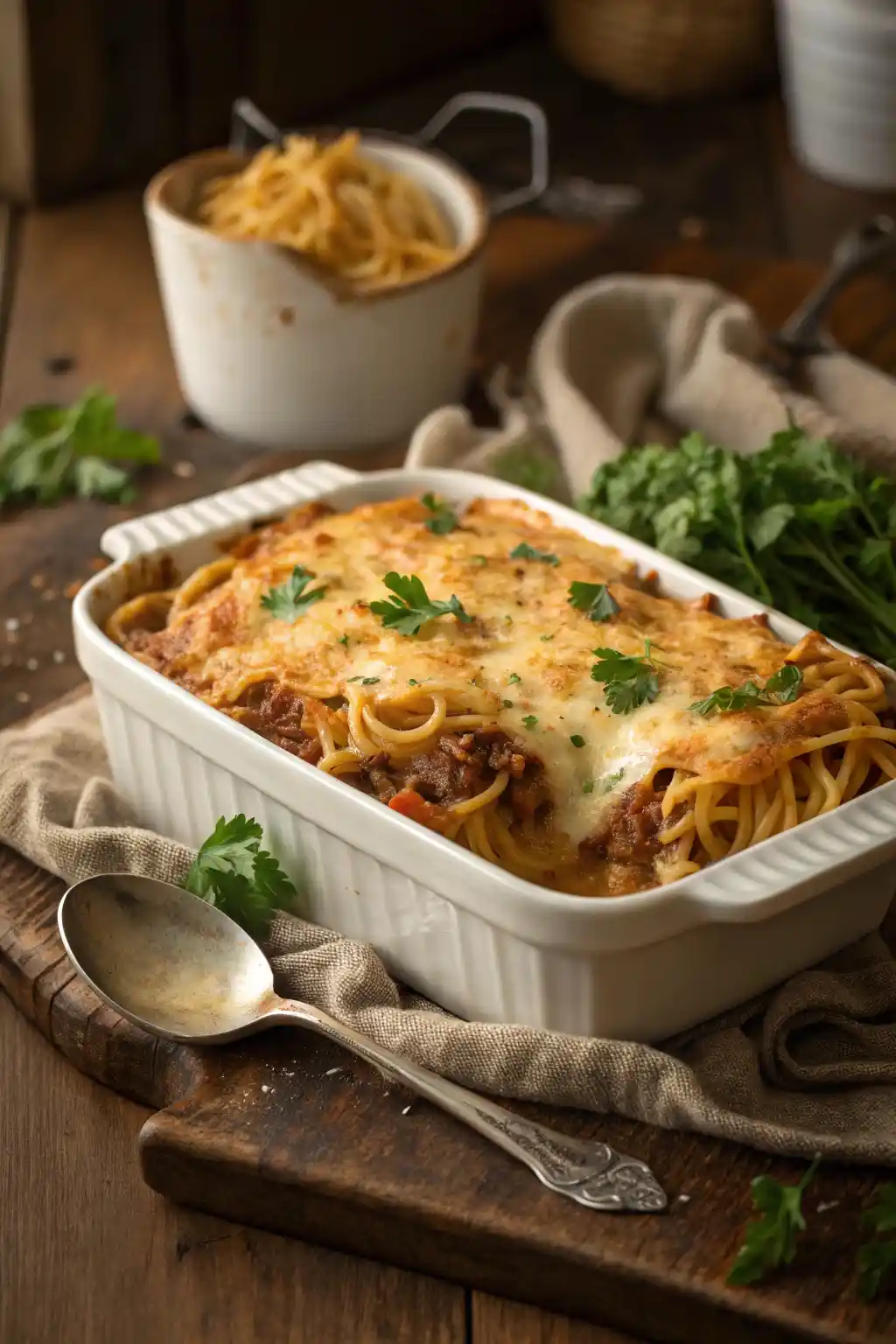 Golden, cheesy baked Spaghetti Fazoli’s Recipe in a casserole dish, hot from the oven and ready to serve.