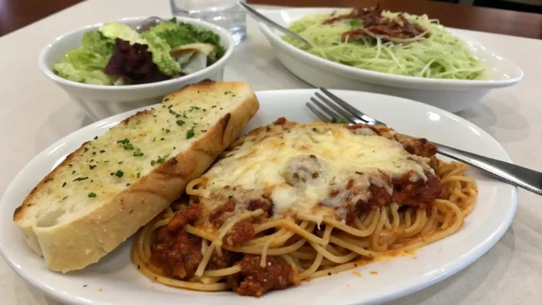 Plated baked spaghetti with garlic bread and Caesar salad on the side.