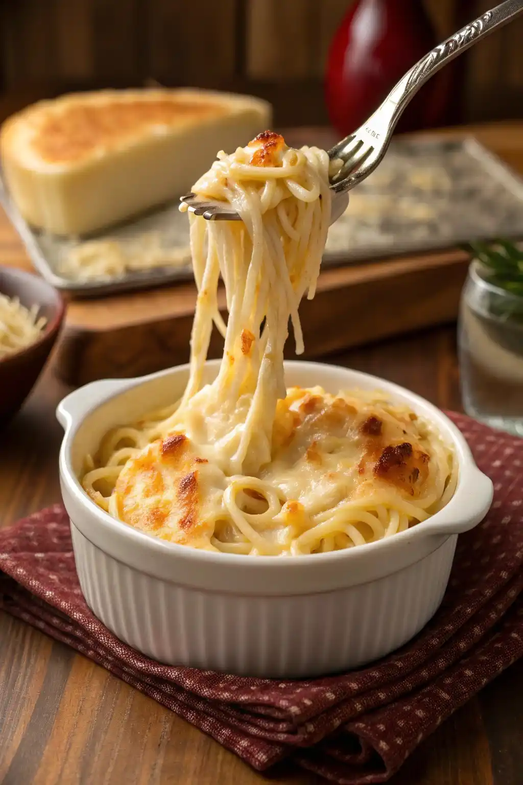 Close-up of ultra creamy spaghetti mac and cheese with melted cheese stretching from a fork.
