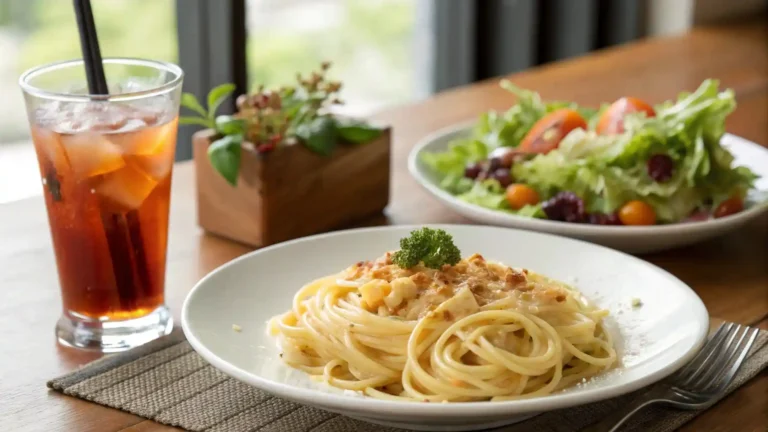 Plated serving of spaghetti mac and cheese with side salad and iced tea on a dinner table.