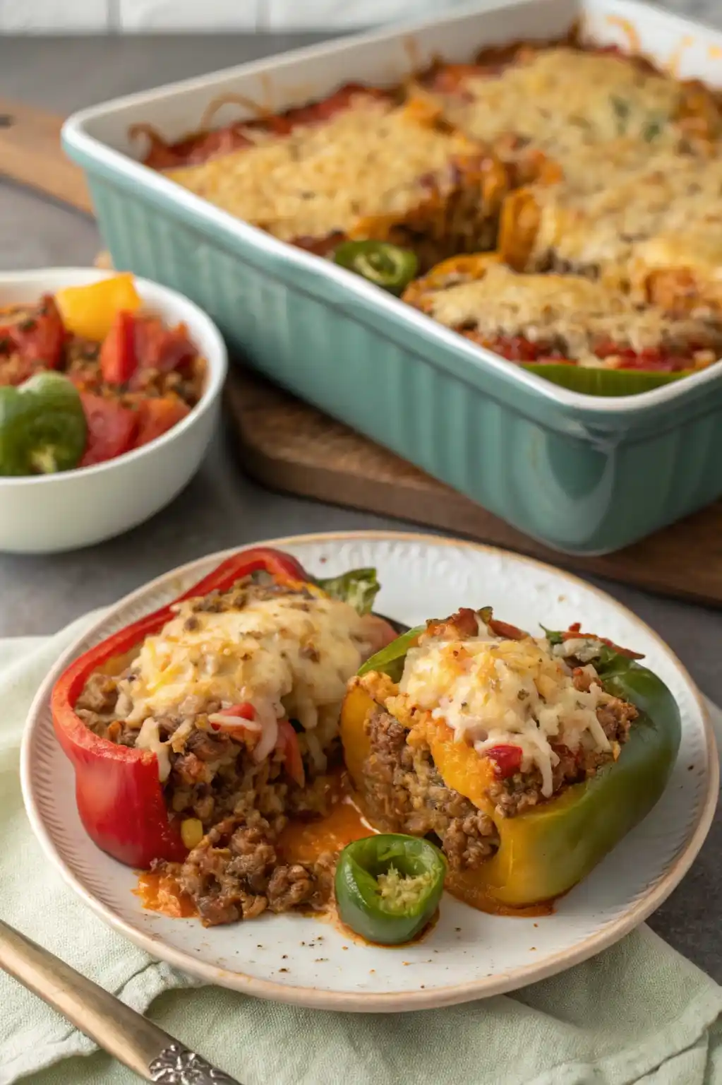 A freshly baked Stuffed Pepper Casserole Pioneer Woman with melted cheese and bell peppers in a 9x13-inch baking dish.
