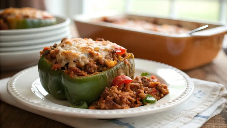 A close-up shot of Stuffed Pepper Casserole Pioneer Woman with rich textures and true-to-life colors, captured with soft natural lighting to highlight the dish's warmth and inviting appearance.