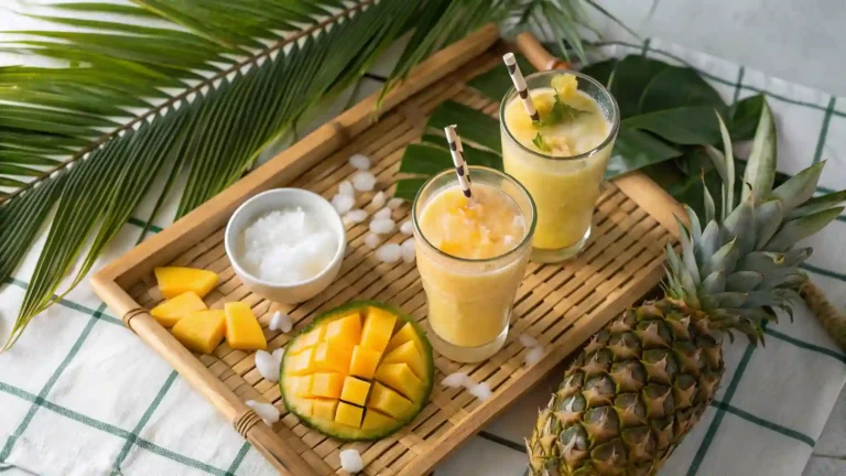Tropical summer drink scene with two glasses, fresh fruits, coconut water, and palm leaves.