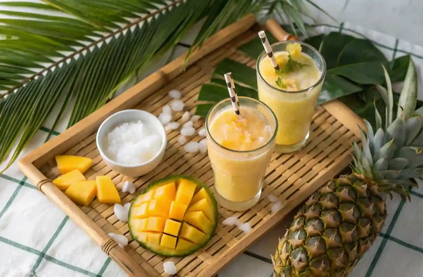 Tropical summer drink scene with two glasses, fresh fruits, coconut water, and palm leaves.