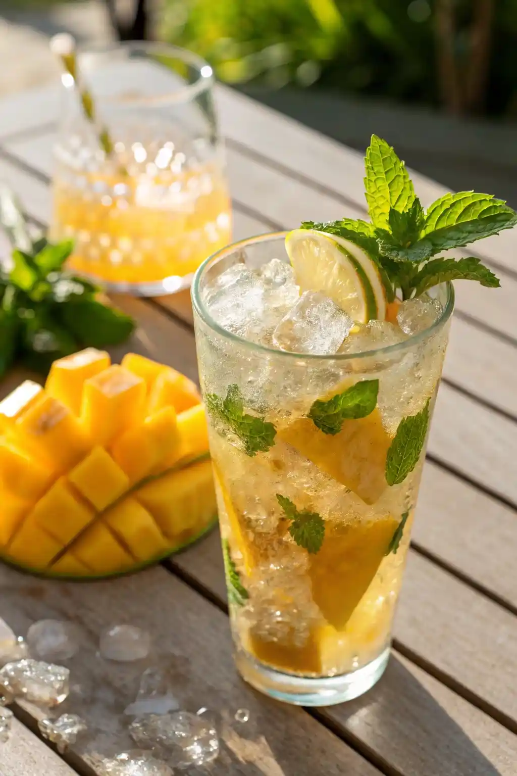 A refreshing Summer Drink Two Tropical Fruits in a clear glass, filled with ice cubes, mango and pineapple pieces visible, garnished with fresh mint leaves, sitting on a sunny outdoor table.