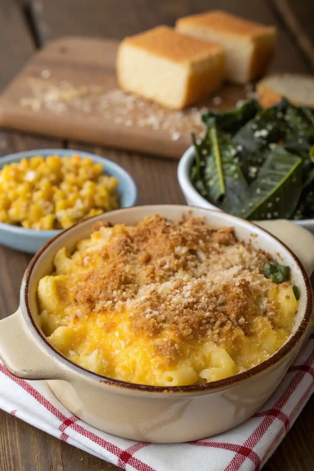 A bowl of creamy Sweetie Pie’s Mac and Cheese Recipe with a golden crispy topping, served with collard greens and cornbread.