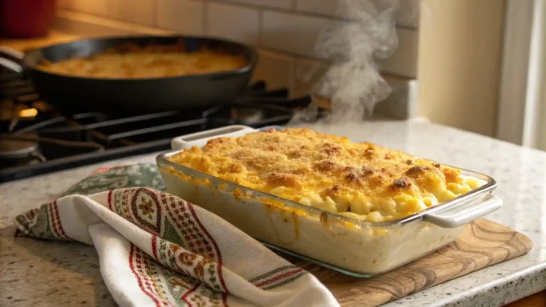 A freshly baked dish of Sweetie Pie’s mac and cheese with a golden, crispy top, resting on a kitchen counter.