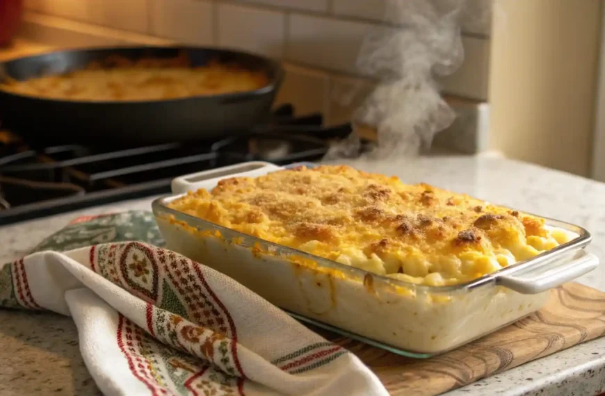 A freshly baked dish of Sweetie Pie’s mac and cheese with a golden, crispy top, resting on a kitchen counter.