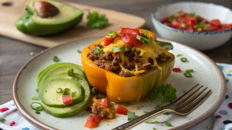 Close-up of a taco stuffed pepper on a plate cut open to show cheesy ground beef and rice filling inside.