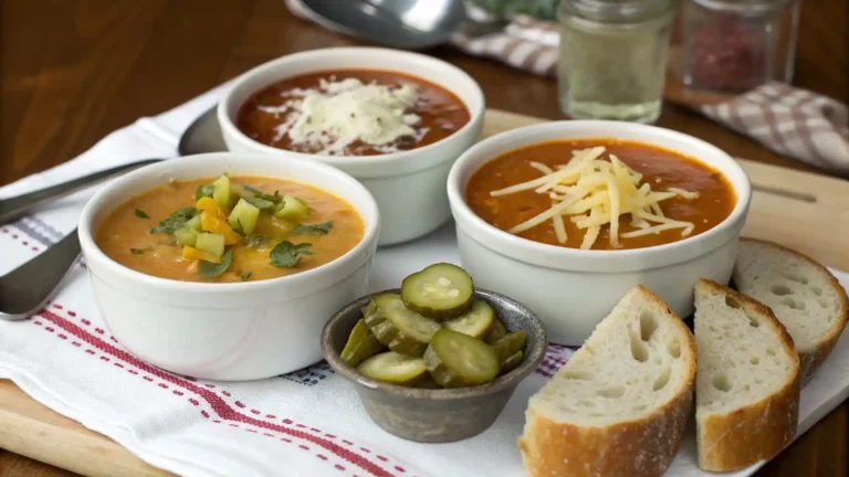 Three bowls of cheeseburger macaroni soup served with crusty bread in a family-style setting.