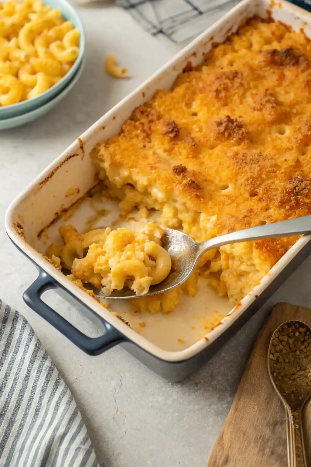 A freshly Velveeta Cheese Baked Macaroni casserole with a golden, crispy top, resting on a kitchen counter with a serving spoon ready.