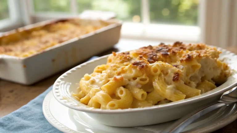 A close-up shot of Velveeta cheese baked macaroni, captured with soft, diffused natural lighting. The rich textures and true-to-life colors are highlighted, showcasing the creamy, golden top of the dish in a realistic, inviting manner.