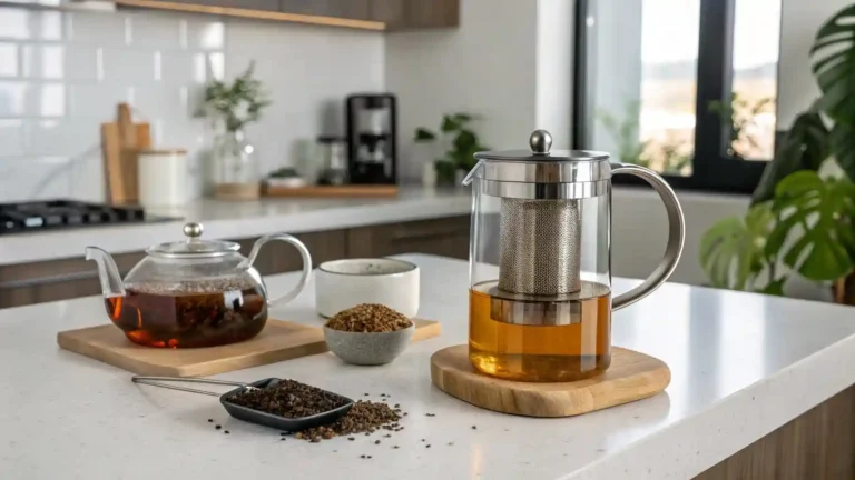 Home tea brewing setup with a glass teapot, loose-leaf tea, and infuser on a kitchen counter.