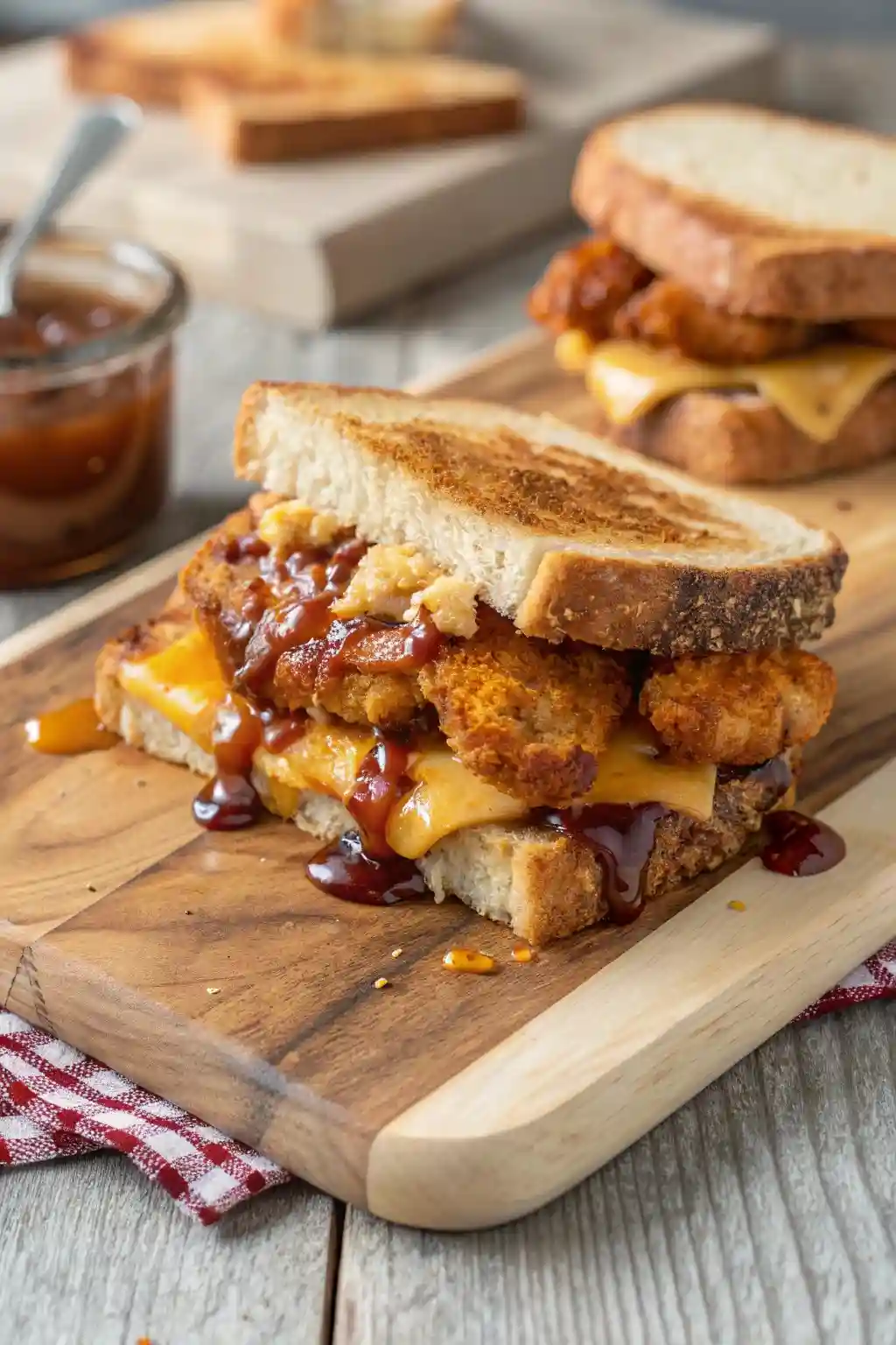 Homemade Whataburger Honey Barbecue Chicken Strip Sandwich with melted cheese and barbecue sauce on Texas Toast.