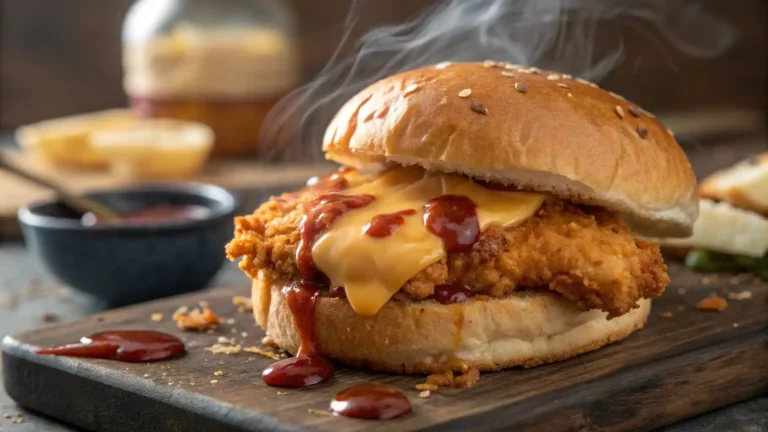 Close-up of melted cheese and barbecue sauce on crispy chicken tenders in a homemade sandwich.