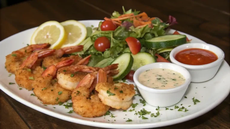 Plated Calabash shrimp with a side salad and dipping sauces, set on a decorative table for a Southern-inspired meal.