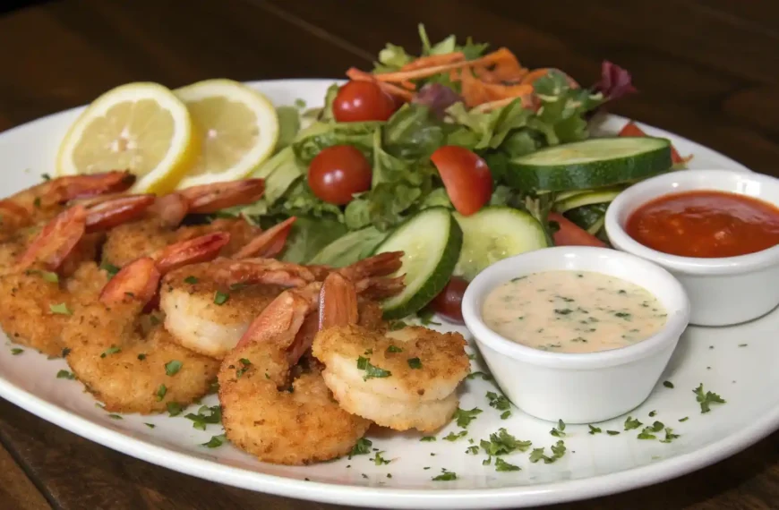 Plated Calabash shrimp with a side salad and dipping sauces, set on a decorative table for a Southern-inspired meal.