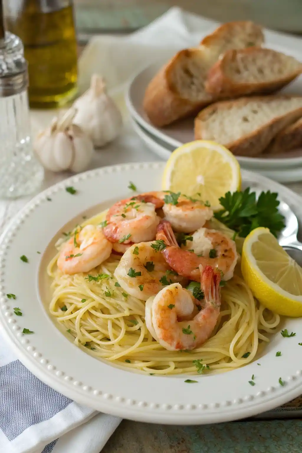Shrimp scampi served over angel hair pasta with garlic butter sauce, lemon wedges, and parsley on a white dinner plate