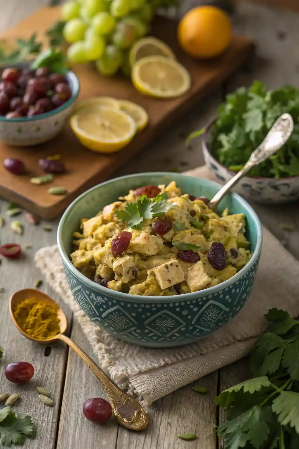 Overhead view of Ina Garten curry chicken salad with raisins and herbs in a bowl, styled with ingredients on a wooden table.