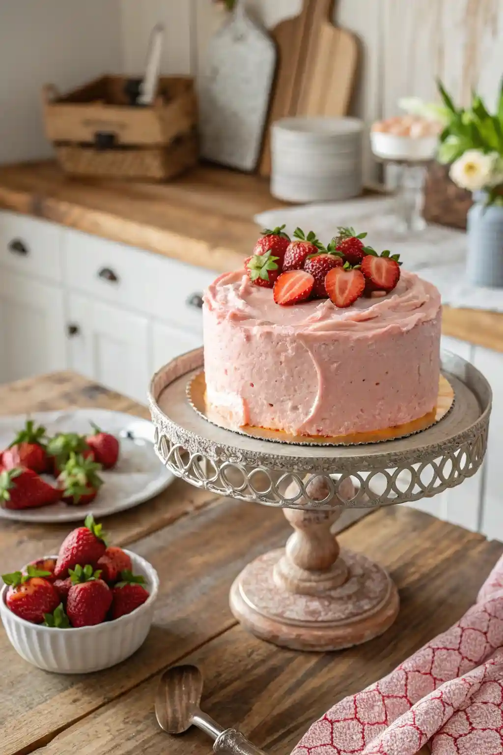 Strawberry layer cake with pink frosting and fresh strawberries on a cake stand in a rustic farmhouse kitchen.