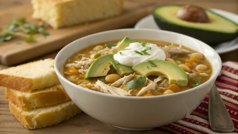 A bowl of white chicken chili with avocado slices and sour cream, served with cornbread on the side.
