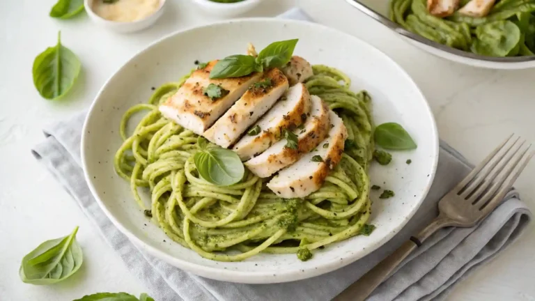 Keto pesto hearts of palm pasta with grilled chicken and fresh basil