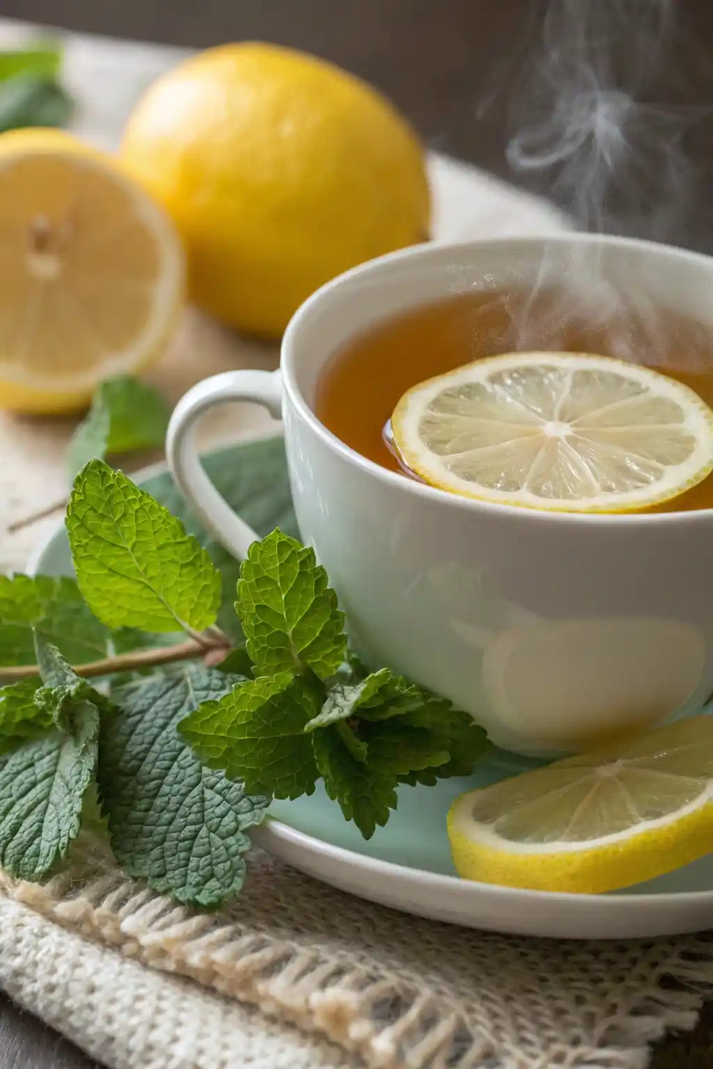 Freshly brewed lemon balm tea with lemon slices and fresh lemon balm leaves.