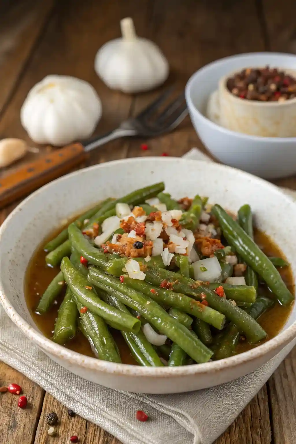 Texas Roadhouse green beans recipe served in a white bowl with garlic, onion, and red pepper flakes