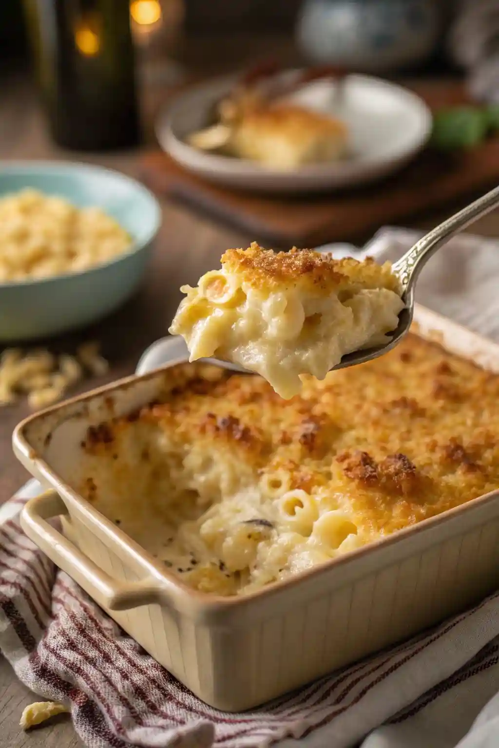 A spoon scooping creamy, golden macaroni and cheese from a baking dish with a crispy top in a warm kitchen setting.