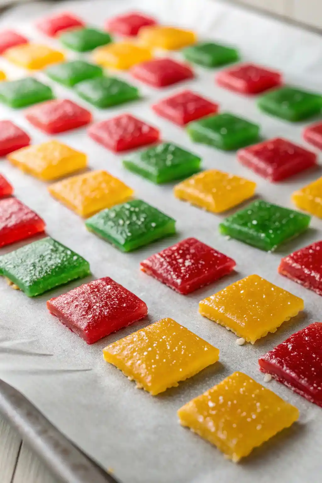 Colorful hard tack candy pieces in various vibrant colors, resting on parchment paper with a slight crack in some pieces.