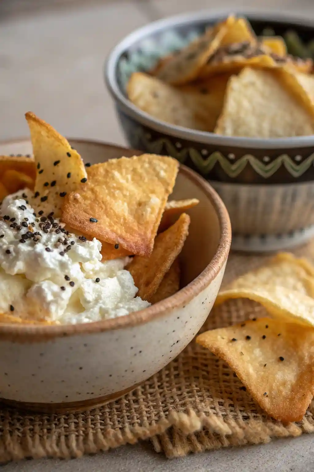 Crispy cottage cheese chips topped with everything bagel seasoning in a small snack bowl